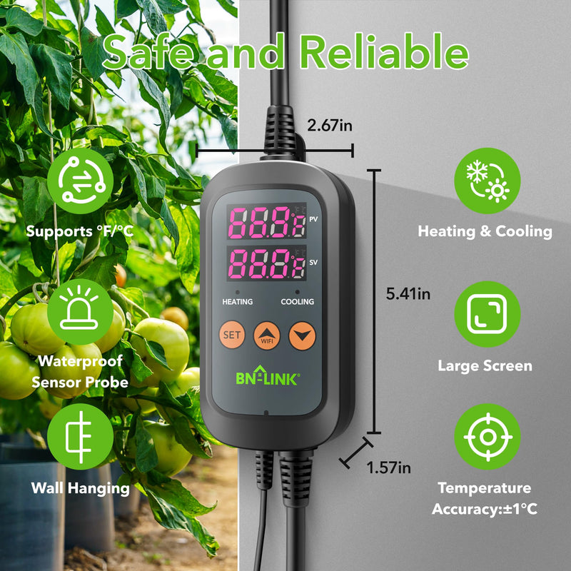 BN-LINK Digital Temperature Controller Thermostat Outlet with Heating Cooling Mode, 2-Stage Outlet Thermostat Controller Plug for Reptiles Aquarium Carboy Homebrew Breeding Fermenter Seed Germination T10