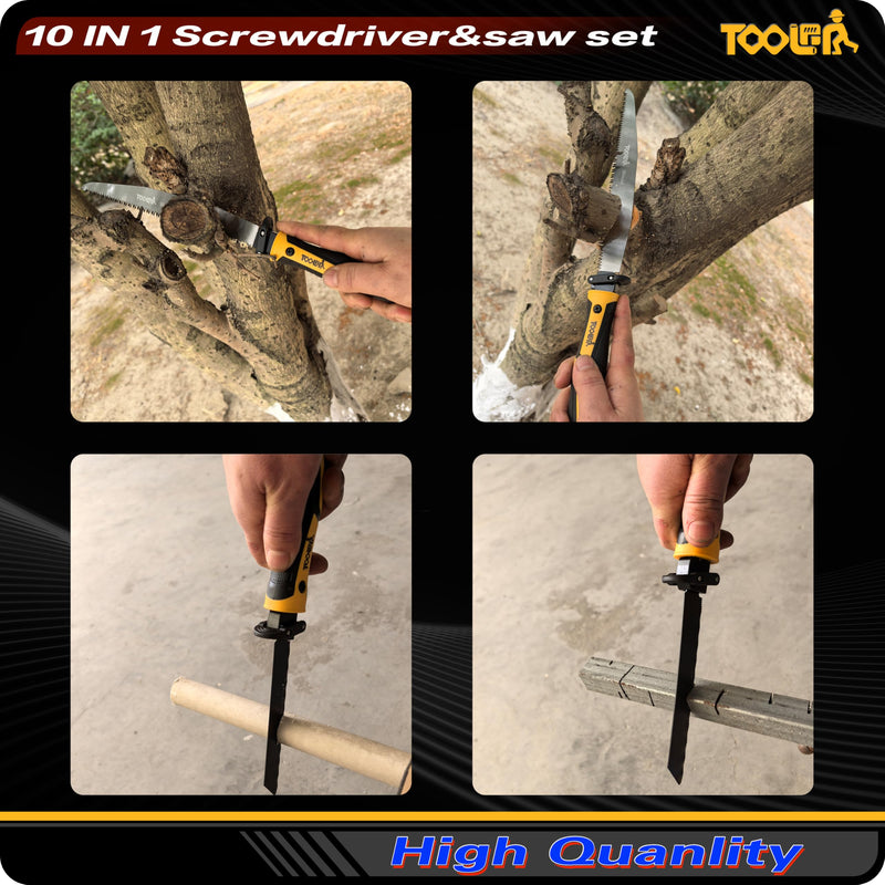 10-in-1 Multi-bit Screwdriver Set (Slotted & Phillips Bits) Quick Change Mechanism Portable Multi-Purpose hand saw For Cutting Wood/Metal/Drywall Suitable for outdoor and daily repair tools