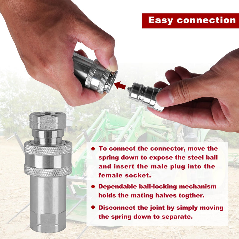 3/8" Ag Hydraulic Quick Connect Tractor Coupler, ISO 7241-A Ball Valves Type Hydraulic Quick Coupler with 2 Sets Dust Caps, Pioneer Type 3/8" Hydraulic Quick Coupler