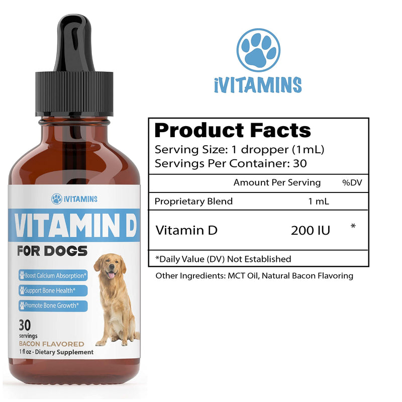 Vitamin D for Dogs | Vitamin D Supplements for Dogs | Vitamin D Dog | Dog Vitamins | Dog Vitamins and Supplements | Dog Vitamins Multivitamin | Vitamins for Dogs | 1 fl oz: 30 Servings | Bacon Flavor - PawsPlanet Australia