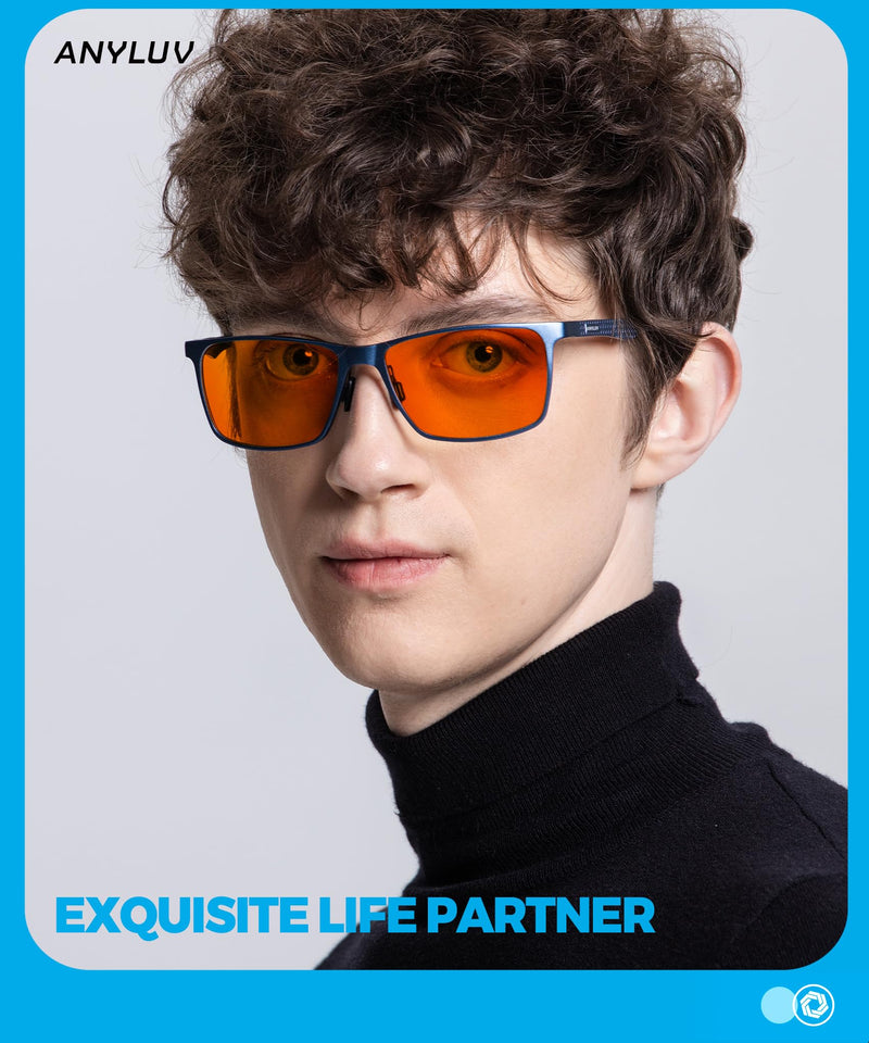 ANYLUV Blue Light Glasses Men, Relieve Eyestrain and Eye Protection, Al-Mg Metal Computer Blue Light Blocking Glasses (Max Protection) 01- Black Orange