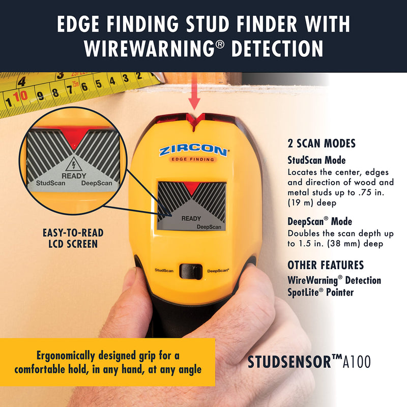 Zircon StudSensor A100 Wall Scanner and Center/Edge Locating Stud Finder with WireWarning Detection Edge Finding - NewNest Australia