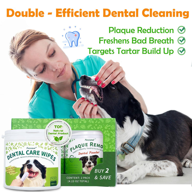 Petstoral Dental Cleaning Kit, Dental Care Wipes to Clean Plaque on The Surface of The Teeth, 2-Pack Dental Powder with Probiotic to Solve Oral Problems from The Inside of Digestion