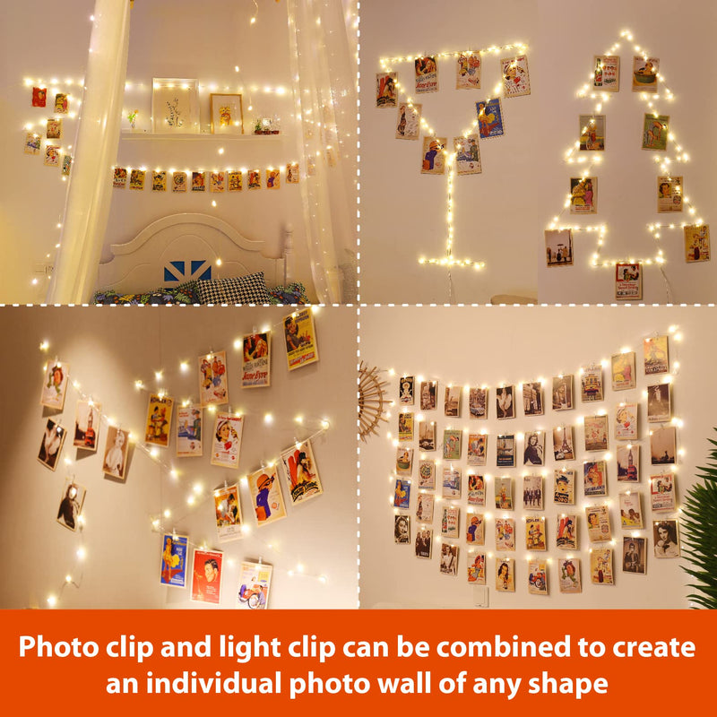 HXWEIYE 120LEDs Photo String Light, Warm White 40Ft Fairy Light with 52 Clear Clips & 12 Hooks on Wall, Timer & 8 Modes USB Powered Copper Wire Light for Hanging Picture, Bedroom Party 8 Mode USB Powered-120LEDs