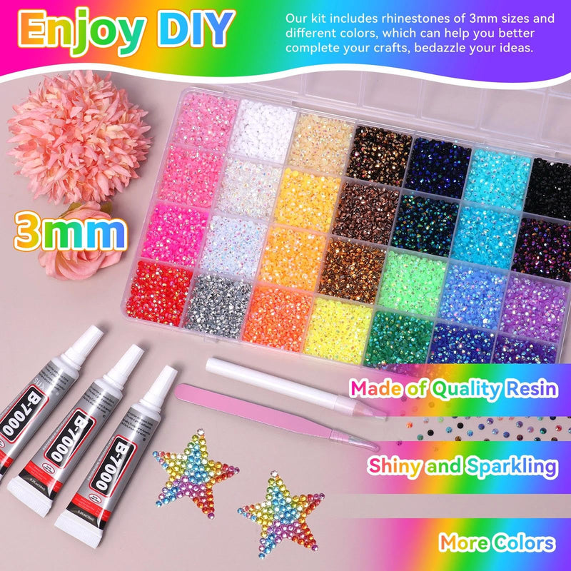 32000Pcs Rhinestones for Bedazzling Kit with Tools, 3mm Flatback Resin Gems for Crafting, Colorful Resin Rhinestones Bedazzler Kit for Clothing Shoes DIY Tumblers & Face Makeup S1