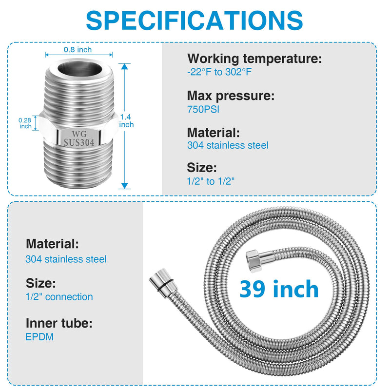 Dreyoo Shower Hose with Shower Hose Extension Connector, 39 Inch Handheld Shower Head Hose with Brass Insert and Nut, 1/2 to 1/2 Shower Hose Extender, Stainless Steel (Chrome) Chrome