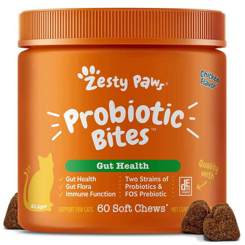 Zesty Paws Probiotic Bites for Cats - Gut Flora & Immune System Support - Cat Supplement with DE111 Bacillus subtilis - Pet Soft Chews with Probiotics & Prebiotics for Digestive Health - 60 Count Cat - Chicken