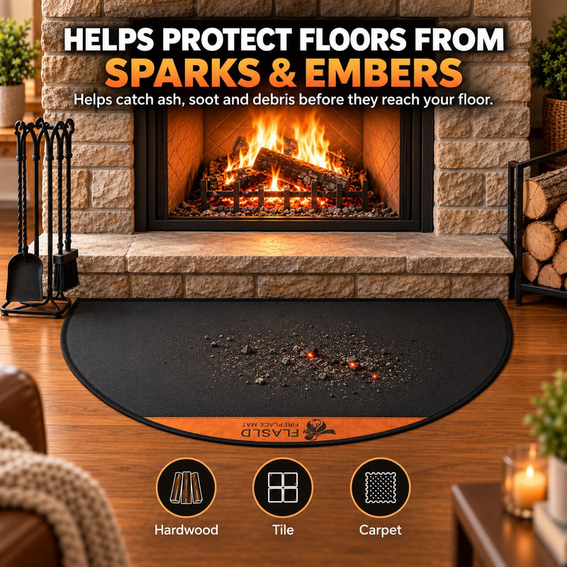 FLASLD Fireproof Fireplace Mat 28×48Inch Half Round Floor Protector 28×48 inch (Semicircular) Black with brown label