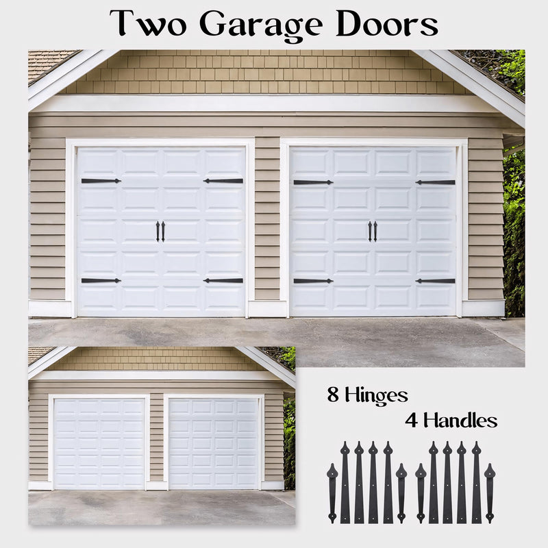 Decorative Garage Door Hardware Kit Carriage House Accents 8 Hinges and 4 Handles for 2 Car Garage, Screw Mounted, Black Steel