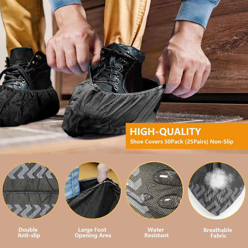 Shoe Covers Disposable 50 Pack (25 Pairs) - Durable, Non-Slip, Water Resistant, and Recyclable Boot Covers for Indoor and Outdoor Use - One Size Fits Most (Non-woven-Black) Black Set -50pack