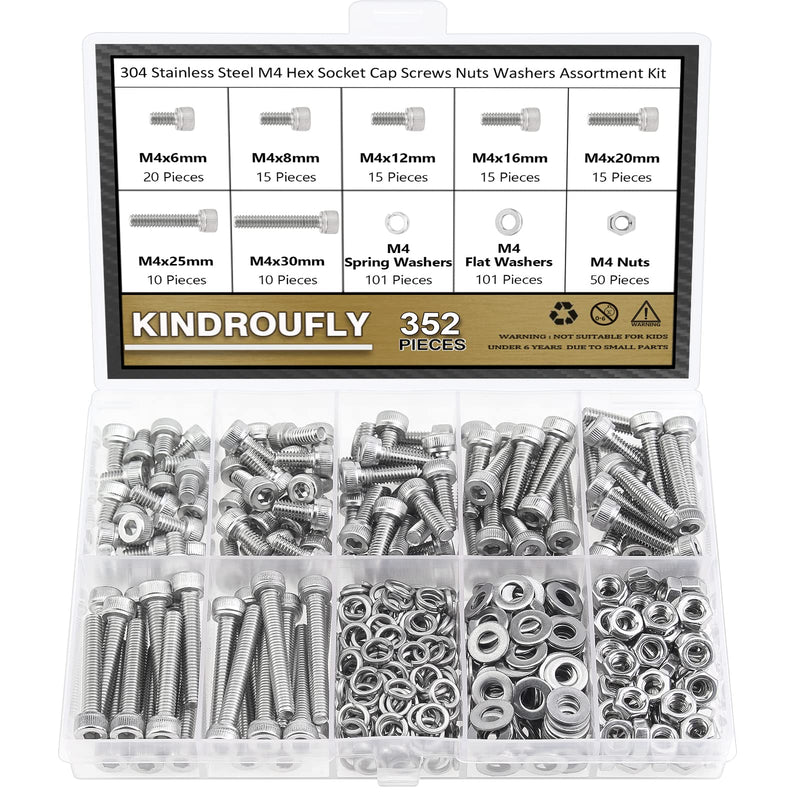 352 Pieces M4 x 6/8 /12/16 /20/25 /30mm Hex Socket Head Cap Screws Nuts Washers Assortment Kit, 304 Stainless Steel, Fully Machine Thread