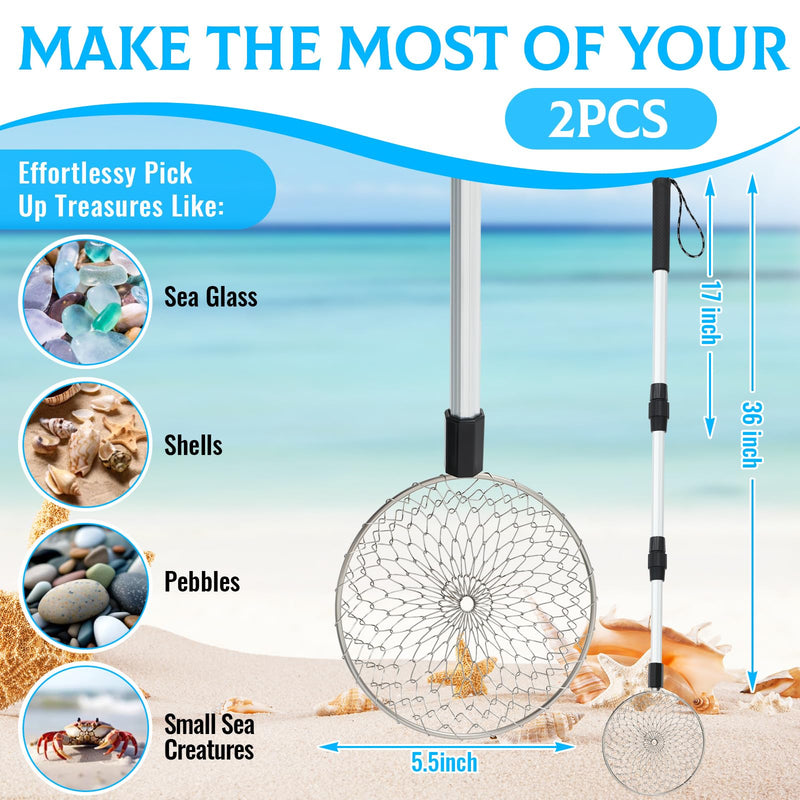 Roshtia 2 Pcs Sand Sifter for The Beach, 22"-33"/17"-36" Shell Scooper Adjustable Beach Shark Tooth Sifter Sand Shovel with Retractable Long Handle for Picking Collecting(5.5", 22"-33" Handle) 5.5", 22"-33" Handle