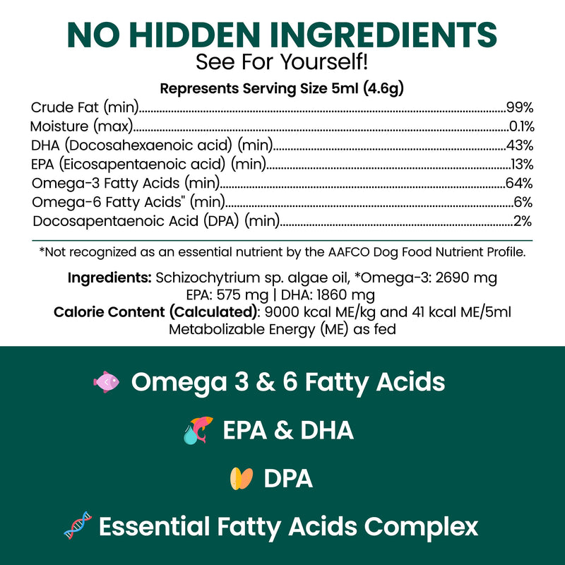Vegan Omega 3 Oil for Dogs - 8 oz of Fish Free Algae Oil for Healthy Skin and Coat - Made with Omega 3 and 6 Fatty Acids, EPA, DHA, and DPA - Made in the USA 8 oz.