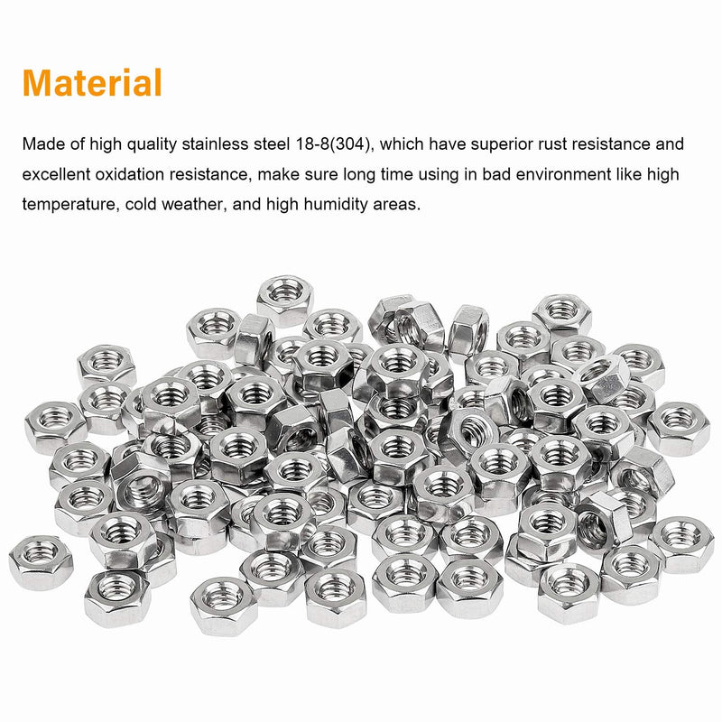 100 Pieces 1/4"-20 Stainless Hex Nut, Stainless Steel (304) 18-8 Nuts