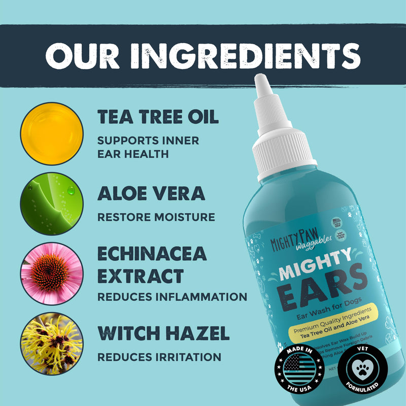 Mighty Paw Waggables Dog Ear Wash - 4 oz (Made in USA) | Cleaner Solution. Wash Cleaner Aloe Vera Pet Drops. Liquid Cleaner for Dogs. for Itchy, Yeast & Healthy Ear Canals - PawsPlanet Australia