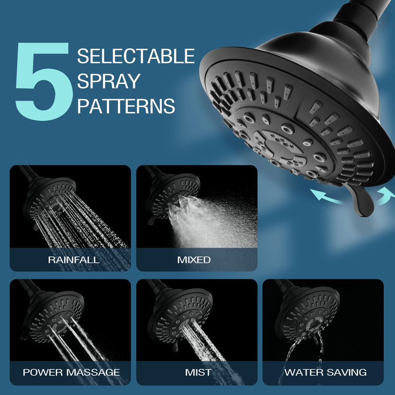 BRIGHT SHOWERS High Pressure Rain Shower Head, Fixed Shower Head with 5 Spray Settings, Adjustable Angle and Anti-Clog Nozzles, Matte Black (1.8 GPM) 5 Spray Settings