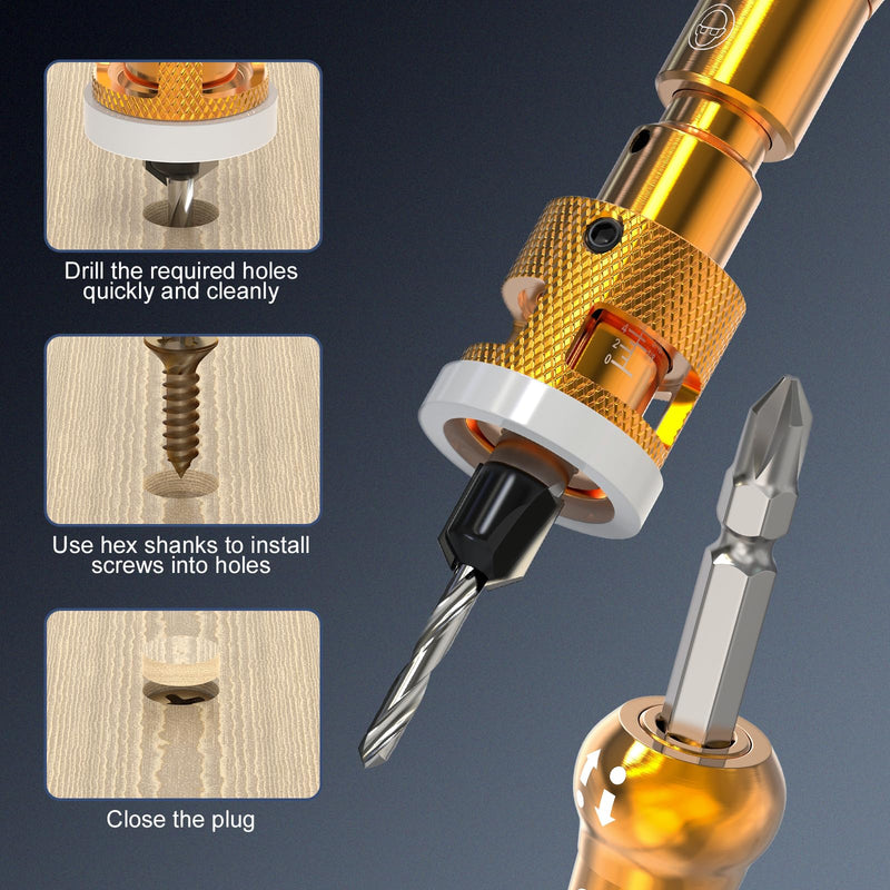 MEANLIN 5Pcs Countersink Drill Bit Set, Adjustable Bit Depth Stop with 1/4" Hex Shank Screwdriver Bit, HSS M2 Bits 1/8" 9/64" 5/32" Drill+3/8" 82°Counter-Bore, 11/64" 3/16" Drill+ 1/2" 82°Counter Bore