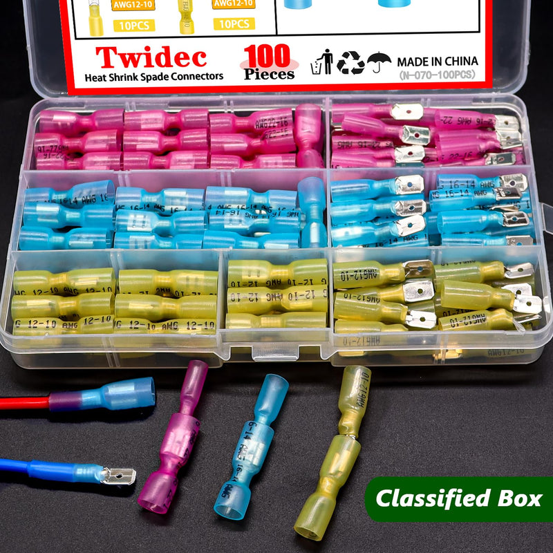Twidec/100PCS Heat Shrink Spade Connectors Kit 22-10 AWG Female and Male Spade Terminlas Quick Disconnect Connectors Fully Insulated Electrical Wire Crimp Connector for Automotive Marine N-070-100PCS 100PCS