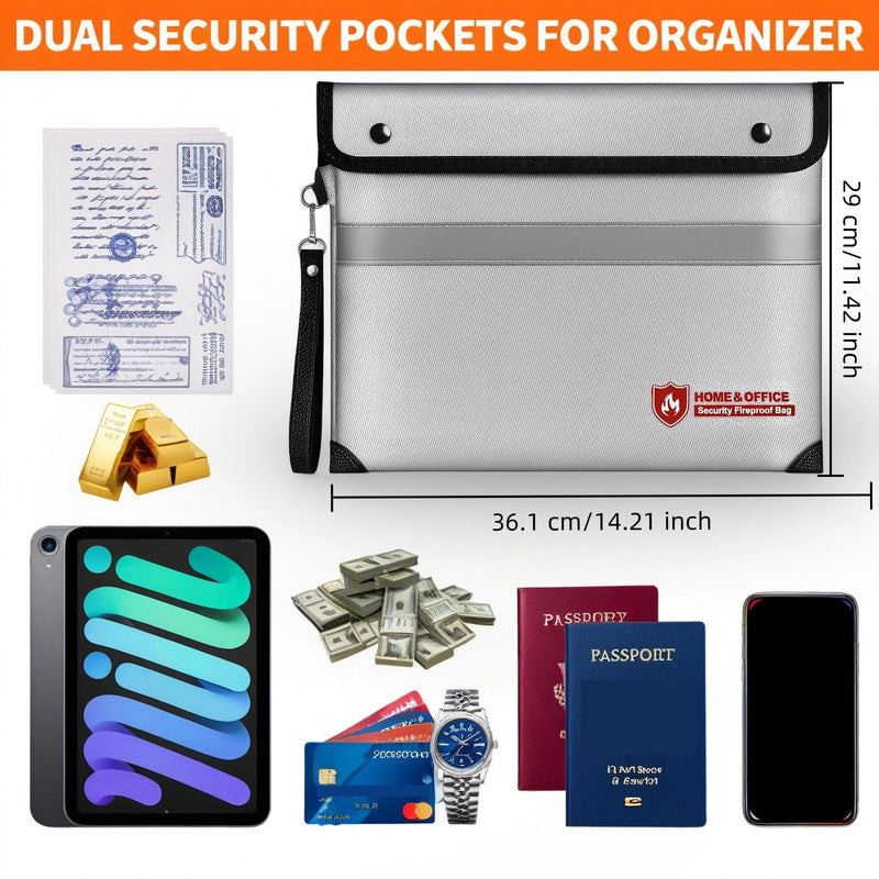 Fireproof Document Bag with Waterproof Zipper,6200°F Insulated Fire Water Proof Money Pouch,Fireproof Envelopes for Cash,Fire Proof Bag for Important Documents, Valuables(14.2"x11.4",)