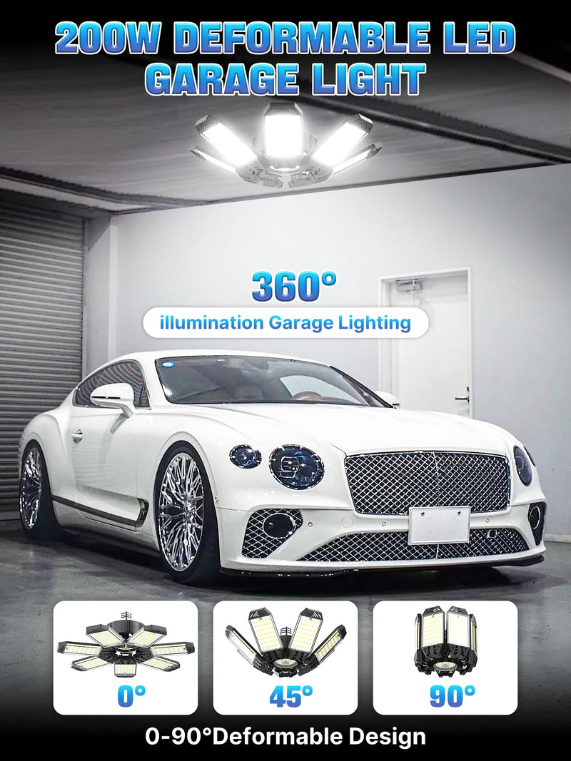LED Garage Light 200W, Super Bright Garage Lights 20000LM Garage Lights Ceiling Led with 7 Adjustable Panels 6500K Led Shop Lights Screw in E26/E27 Bulb Socket for Garage Basement Lighting 1PC-200W