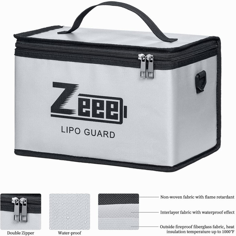 Zeee Lipo Safe Bag Battery Fireproof Large Capacity Storage Guard Battery Safey Pouch for Storage Charging - 10 Cell Adjustable(10.6x6.7x6.7in)