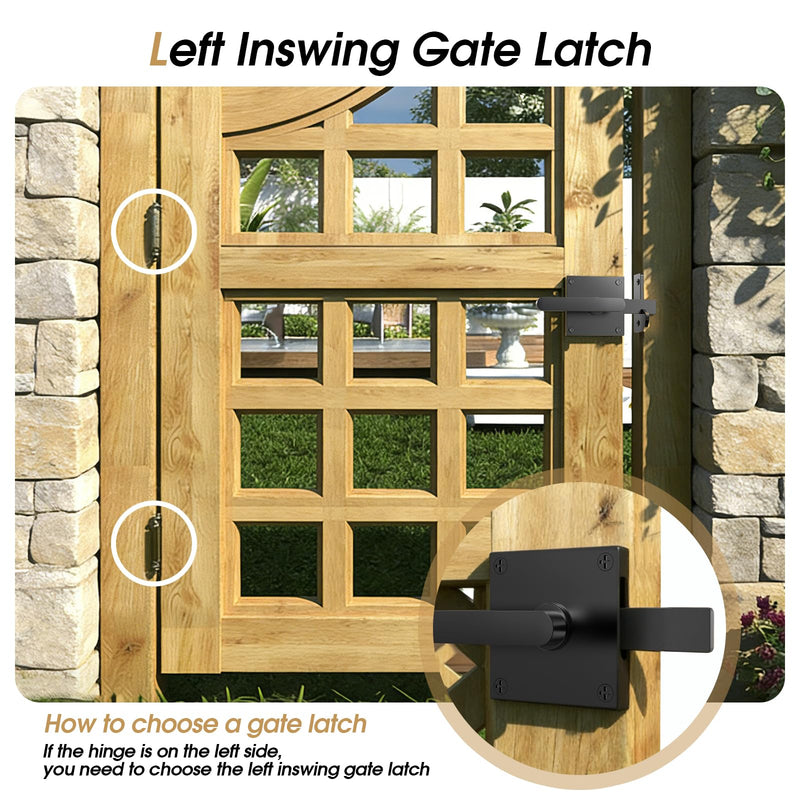 Double Side Gate Latch, Heavy Duty Gate Latch for Wooden Fence, Black Fence Gate Latch with Handles, Left Inswing Gate Latch for Wooden Gates, Vinyl Gate, Backyard, Garden GL01