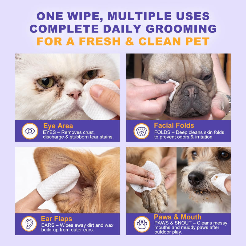 Tear Stain Remover Wipes for Dogs & Cats, Extra Thick Dog Eye Wipes with Coconut Oil, Probiotics & Aloe - Natural Pet Face Wipes for Stains, Odors & Folds - pH Balanced, 120 Count