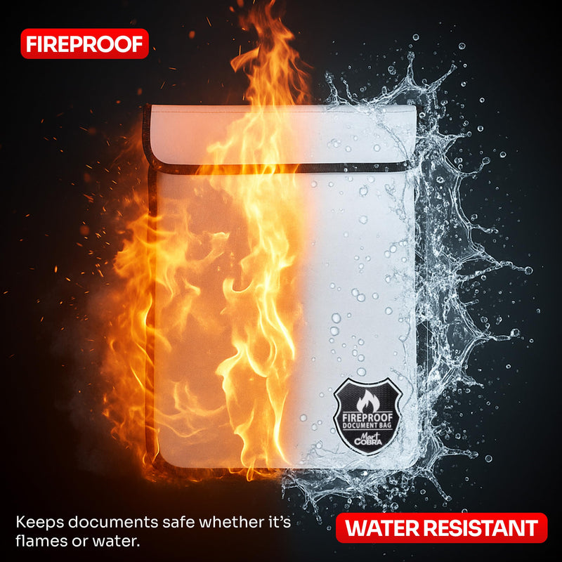 Mart Cobra Fireproof Document Bag with Zipper Fire and Waterproof Document Storage Fireproof Money Bag Cash Fire Proof for Important Home Documents Safe Accessories Paper Holder Pouch Envelope Travel 6400°F Protection