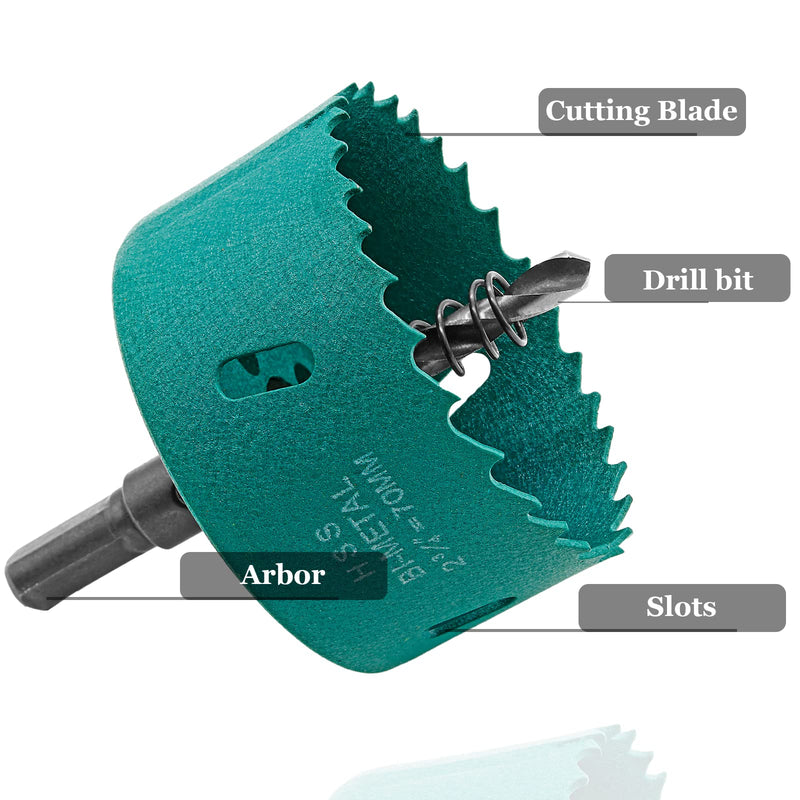 2 3/4 Inch / 70mm Hole Saw with Arbor, 2.75 Inch Hole Saw HSS Bi-Metal Hole Cutter Smoothly Cutting in Cornhole Boards, Plastic, Wood, Fiberboard, Drywall 2 3/4" / 70mm