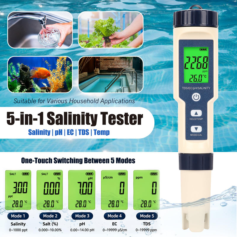 Pool Salinity Tester & pH Meter,Digital 5-in-1 Water Meter (Salt, pH, Temp, EC and TDS) -High Accuracy, Suitable for Swimming Pools, Hot Tubs, Aquariums,Hydroponics and Drinking Water
