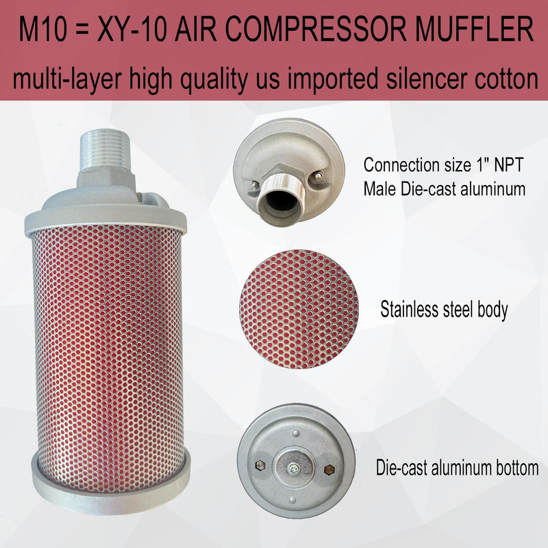 M10 XY-10 Air Compressor Muffler 1" NPT Male, Air Exhaust Muffler Silencer for Compressor Dryer Compressed Air Equipment and Systems, Single Chamber 145 PSI, Replacement Part for 0111010