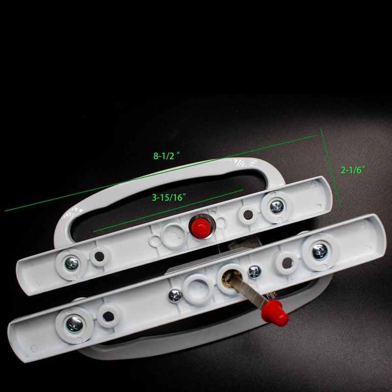 Patio Door Handle 3-15/16 Inch(10cm) Hole spacing（Right and Left Handed White Sliding Door Handle Set Mortise Style, keyed（Offset Position） offset position