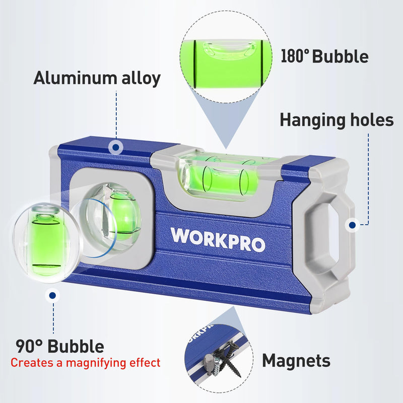 WORKPRO Small Level, 4-1/2 Inch Mini Level Tool, Magnetic Pocket Level with 2 Different Bubbles 90°/180°, Aluminum Alloy Construction, Cobalt Blue