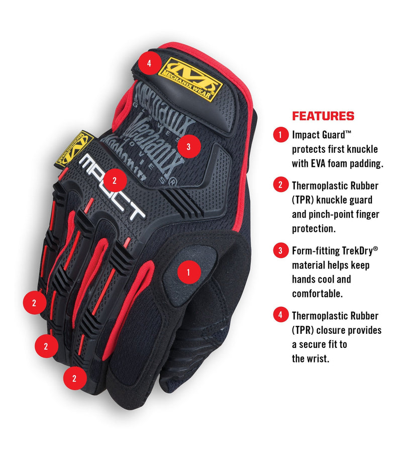 Mechanix Wear M-Pact Impact Resistant Work Gloves - Durable Safety Gloves for Men - Touchscreen Capable - Machine Washable - Breathable - Large - Red/Black Black/Red