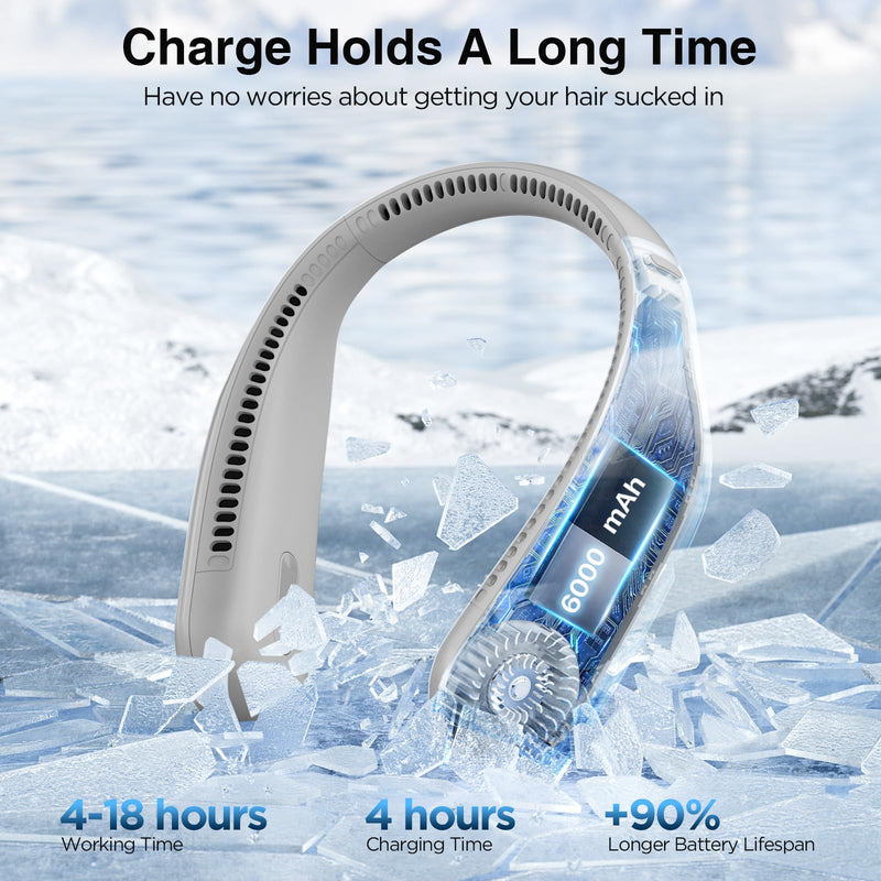 Hotsales Neck Fan, Hands Free Bladeless Neck Fans Portable Rechargeable, 6000 mAh Battery Operated Wearable Personal Fan, Cooling Neck Fan, 3 Speeds, USB Fan Gifts for Men, Women, Travel, Outdoor Gray