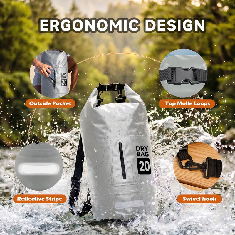 Waterproof Dry Bag Backpack 20L, Roll Top Floating Waterproof Backpack for Kayaking, Rafting, Boating, Lightweight Dry Sack Backpack for Hiking, Camping, Beach & Travel Gray 20.0 liters