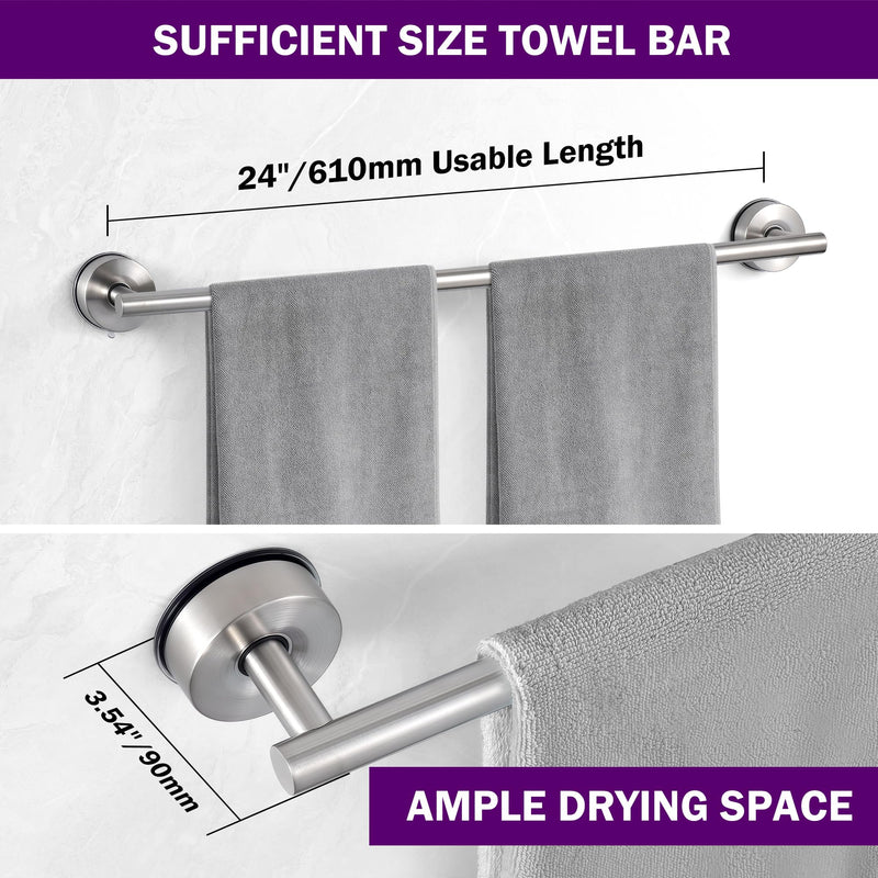 JOMOLA Bathroom Suction Cup Towel Rod, Brushed Stainless Steel Towel Bar No Drilling, Minimalist Design Wall Mounted Hand Towel Holder Rustproof for Smooth Surfaces, 24 inch Silver-24 in