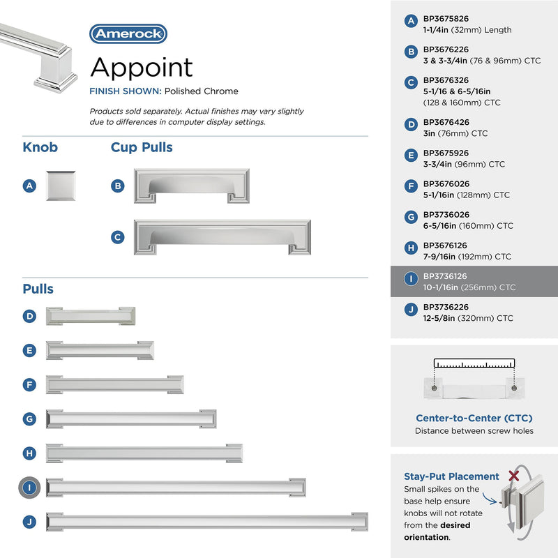 Amerock BP3736126 | Polished Chrome Cabinet Pull | 10-1/16 inch (256 mm) Center to Center Cabinet Handle | Appoint | Drawer Pull | Kitchen Cabinet Handle | Furniture Hardware