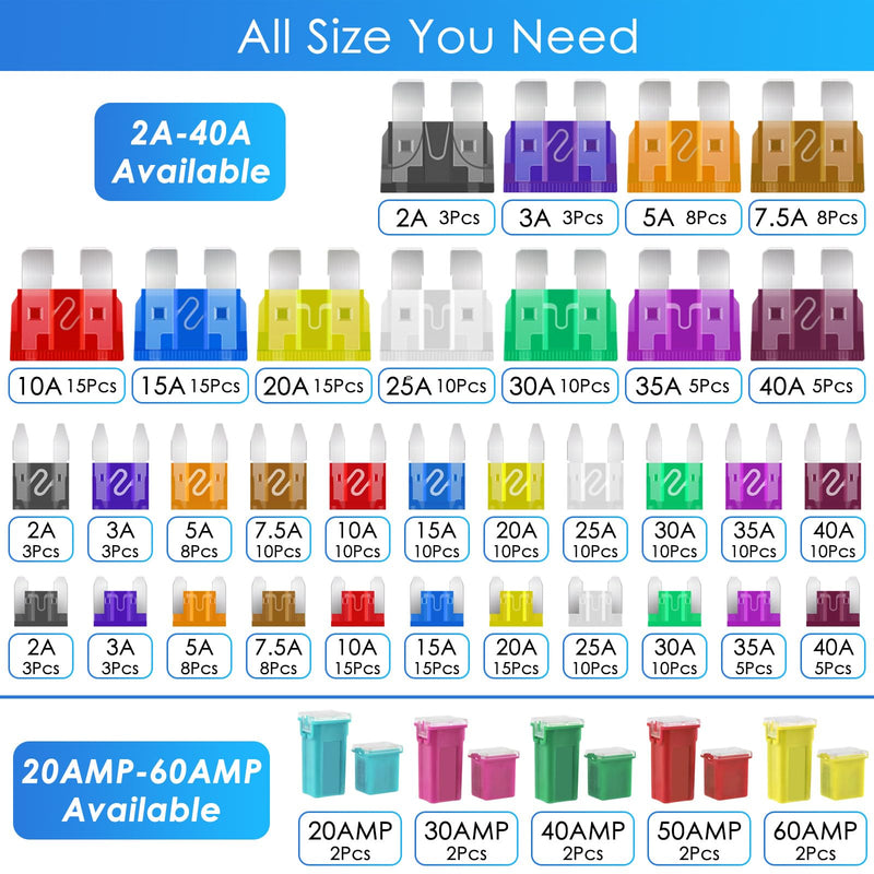 304Pcs Car Fuses Assortment Kit Include Standard & Small & Mini Size Car Blade Fuses, Automotive Low and Tall/STD Profile Box Shaped Assorted Fuse with Fuses Puller for Trucks, Cars and SUV, Boat