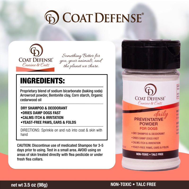 COAT DEFENSE Preventative Powder | Made in USA | 3.5oz Waterless Dog Shampoo & Pet Deodorizer for Smelly Dogs | Provides Anti Itch Relief | Dog Shampoo for Dry Itchy Skin & Dog Shampoo for Smelly Dogs