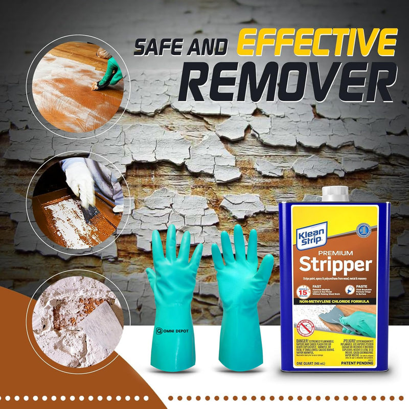 Paint & Varnish Remover Klean Strip Premium Stripper– Fast-Acting Stripper for Epoxy, Polyurethane, Wood, Metal & Masonry – Includes Protective Omni Depot Gloves – 1 QT