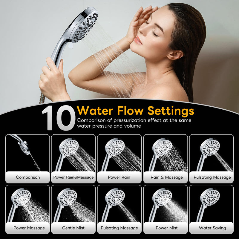 High Pressure 10 Ways Handheld Shower Head Chrome- Anti-clog Nozzles, Built-in Power Wash to Clean Tub, Wall & Overhead Brackets,Magnetitc Rainfall Shower Wand,Built-in 2 Power Jet