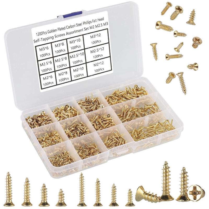 1200Pcs Tiny Phillips Flat Head Self Tapping Screws for Wood, Plastic and Soft Metal. M2 M2.5 M3 Small Countersunk Tapper Screws Set for DIY Micro Woodworking Furniture Box. Golden,Carbon Steel