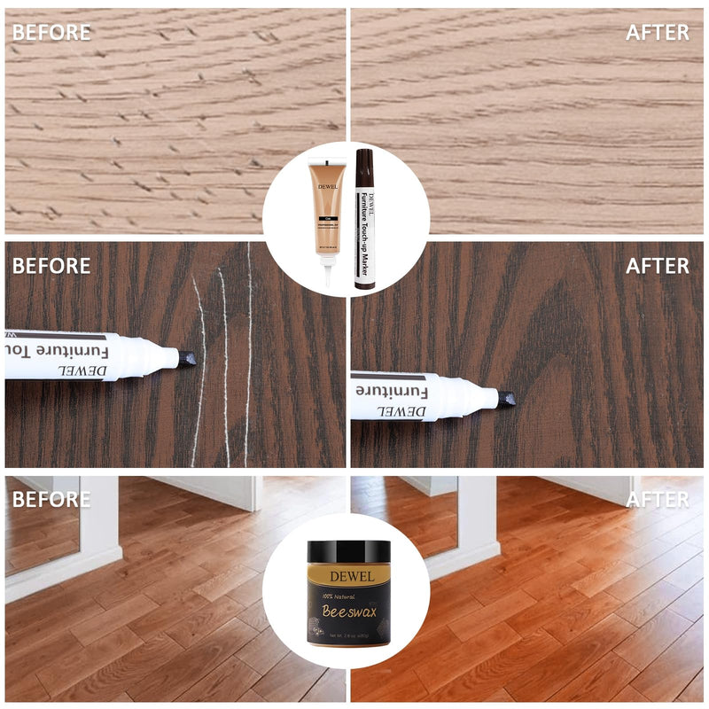 DEWEL Wood Furniture Repair Kit, New Upgrade Wood Fillers, Furniture Touch Up Markers, Wax Sticks, Wood Putty with Beeswax for Cracks, Wood Hole, Scratches, Floor, Table, Door 12+8+8
