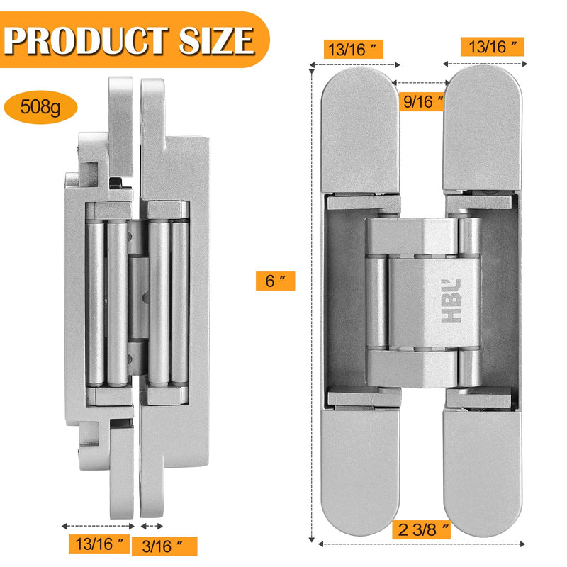 HBL' 2 Pack Hidden Door Hinges, 6 Inch Silver Heavy Duty Hidden Hinges for Secret Doors, 3-Way Adjustable to Bulid Conceal Bookcase Door 6" Length