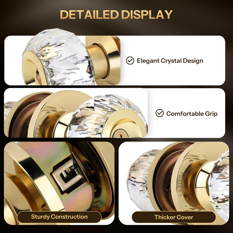 Crystal Door Knobs with Lock and Keys, Interior Crystal Glass Door Knobs with Privacy Lock Diamond Crystal Door Knob for Bedroom Bathroom, Gold 1 Pack Privacy function (with key)