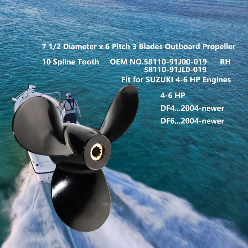 Boat Propeller for Suzuki DF4 DF5 DF6 4HP 5HP 6HP 4-6 HP Outboard Engine | 7 1/2x6 7 1/2x6 1/2 7 1/2x7 7 1/2x8 (7.5x6 7.5x6.5 7.5x7 7.5x8) Pitch 10 Tooth Spline Aluminum Boat Motor Props, RH 7 1/2 x 6