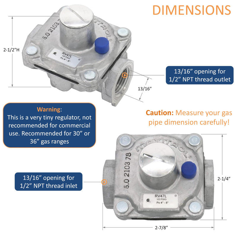 Maxitrol RV47L Natural Gas Pressure Regulator, 1/2" FPT Thread, 13/16" In and Out Opening, 1/2 PSIG In, 4" - 8" WC Out 1/2” Natural Gas (NG)