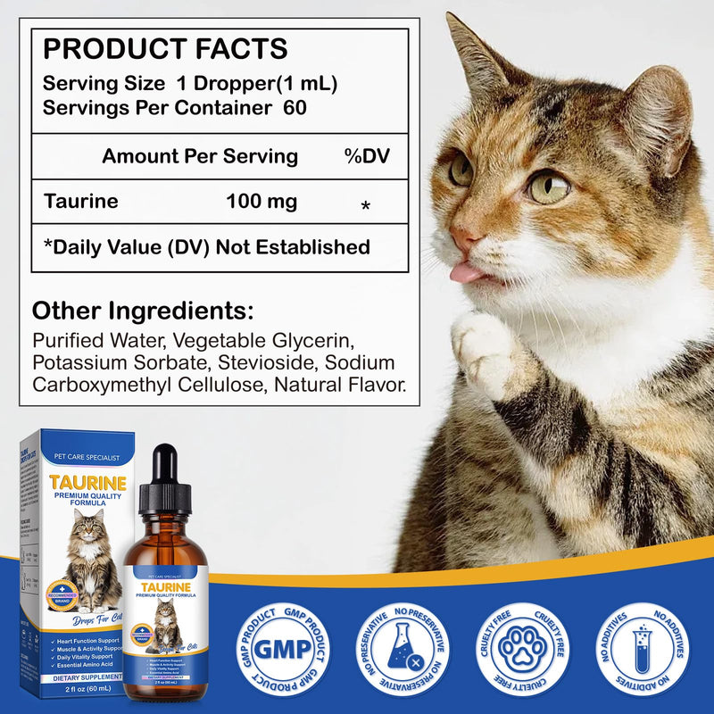 Taurine Supplement for Cats Liquid Drops – Supports Heart, Vision Health – 60mL Highly Absorbable for All Cats 12+ Weeks