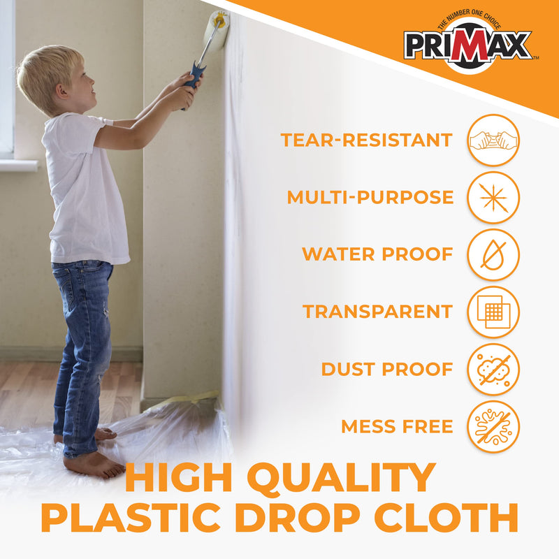 PRIMAX Clear Plastic Drop Cloth 9x12 ft (3 Pack) – Waterproof Painters Plastic Sheeting for Painting, Furniture Covers & Dust Protection – Easy Cleanup, Mess-Free Solution for Painting or Renovations 9' x 12' - 3 pack